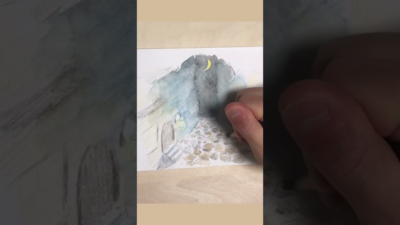 水彩色鉛筆で落書きしてみた！【黒猫と月夜】