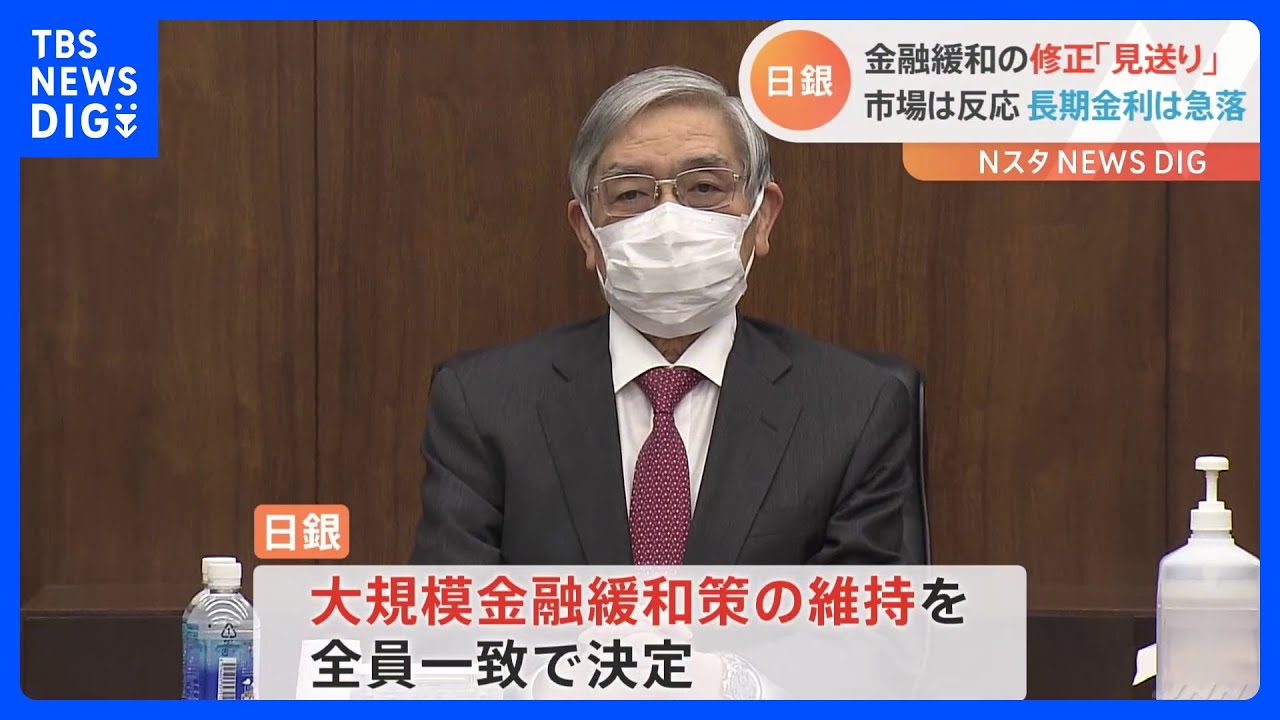 日銀は金融緩和策を維持　日経平均終値652円値上がり　長期金利は急低下し0.41％｜TBS NEWS DIG