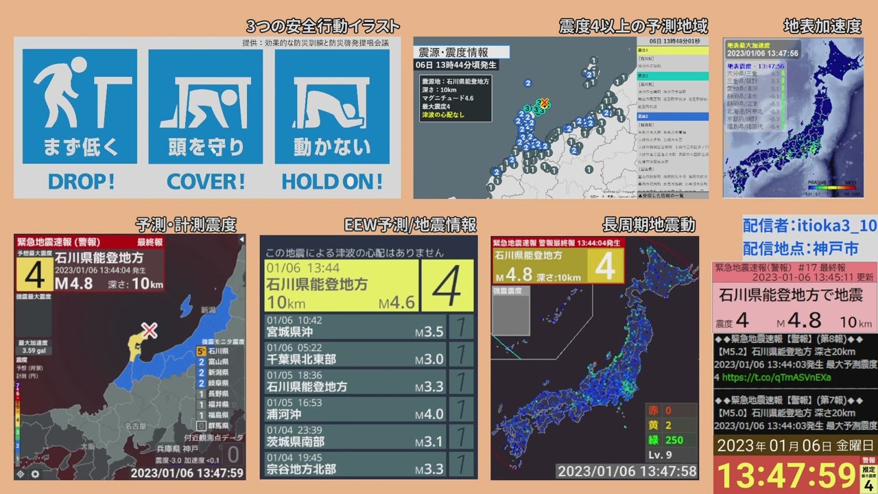 【EEW Warn(緊急地震速報 警報) 】2023年1月6日 13時44分 石川県能登地方 M4.6 最大震度4