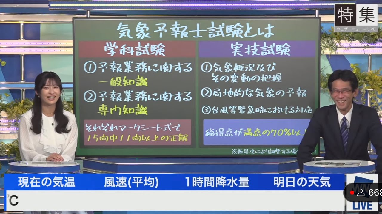 [山岸愛梨×山口剛央]あいりんさんと山口さんのW気象予報士による気象予報士試験の紹介特番(地震速報があったので、途中で終わりました)