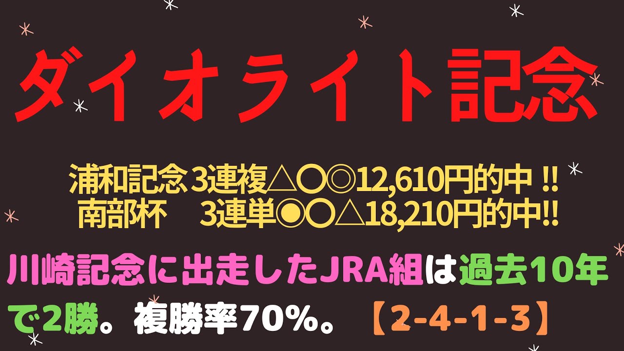 ダイオライト記念2023予想【船橋競馬】前走川崎記念に出走したJRA組が過去10年で複勝率70％。【2-4-1-3】