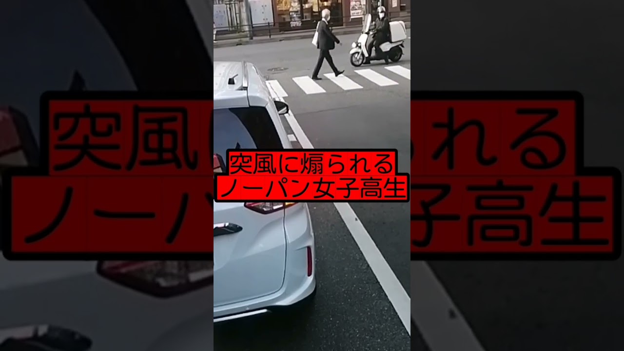 突風に煽られるノーパン女子高生…