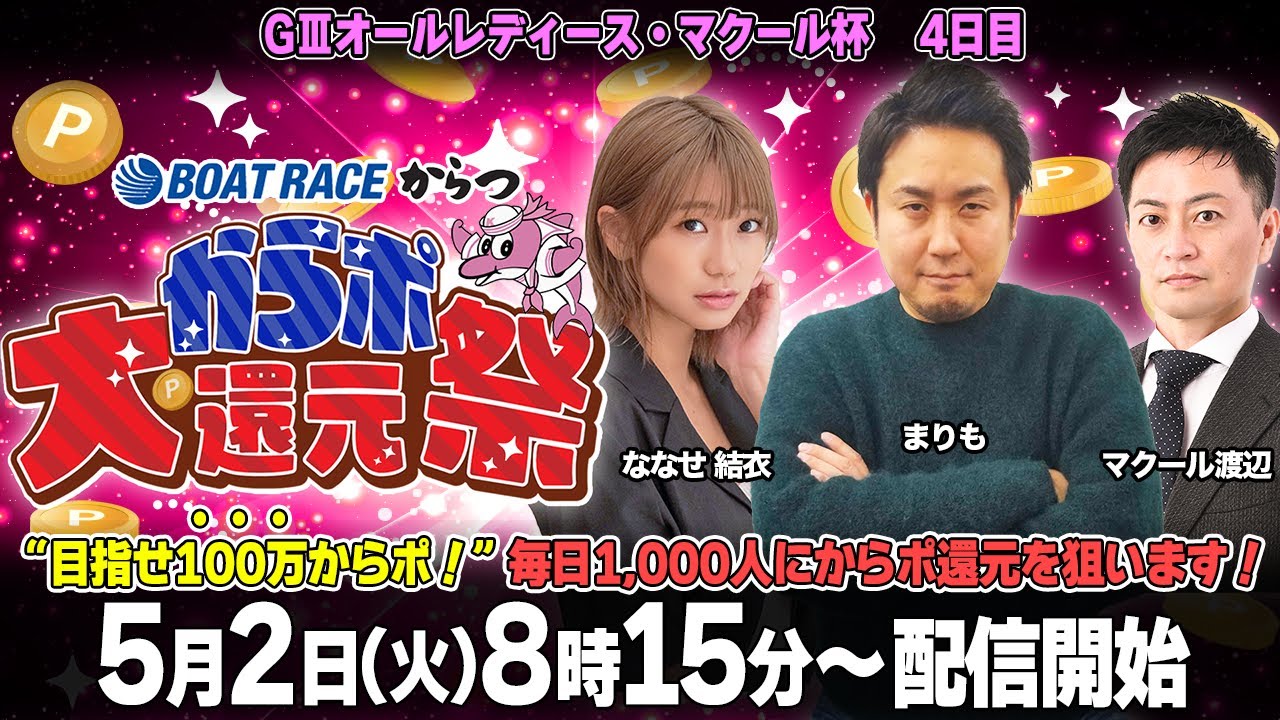 【からポ大還元祭】「ＧⅢオールレディース・マクール杯　４日目」（ななせ結衣＆まりも＆マクール編集長 渡辺将司）