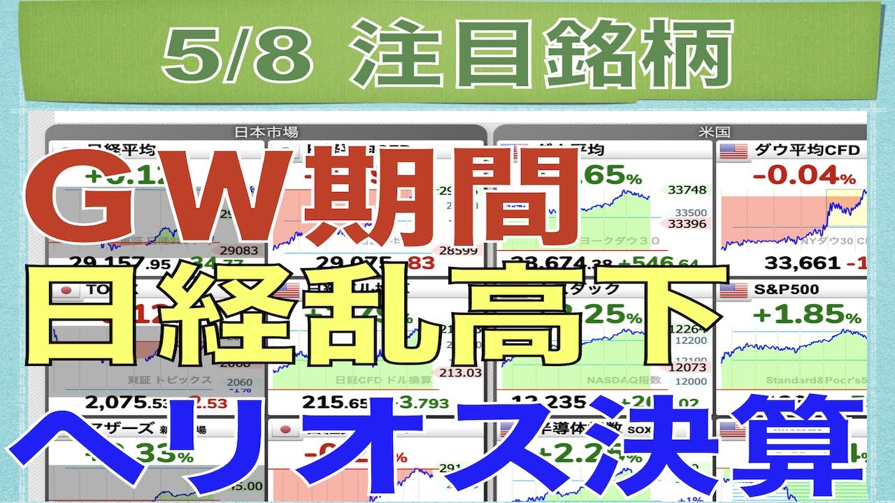【5月8日】GW期間に日経乱高下！ヘリオステクノ決算で高値更新なるか！？【明日の注目株】