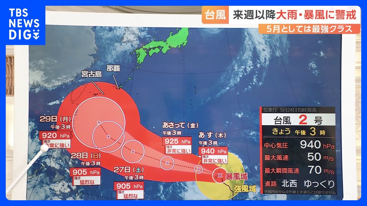 5月としては“最大勢力”台風2号　より東に進路を変える心配も　29日には“非常に強い勢力”になる予想｜TBS NEWS DIG