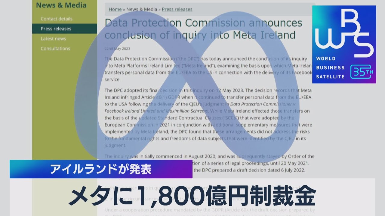 メタに1,800億円制裁金　アイルランドが発表【WBS】（2023年5月22日）