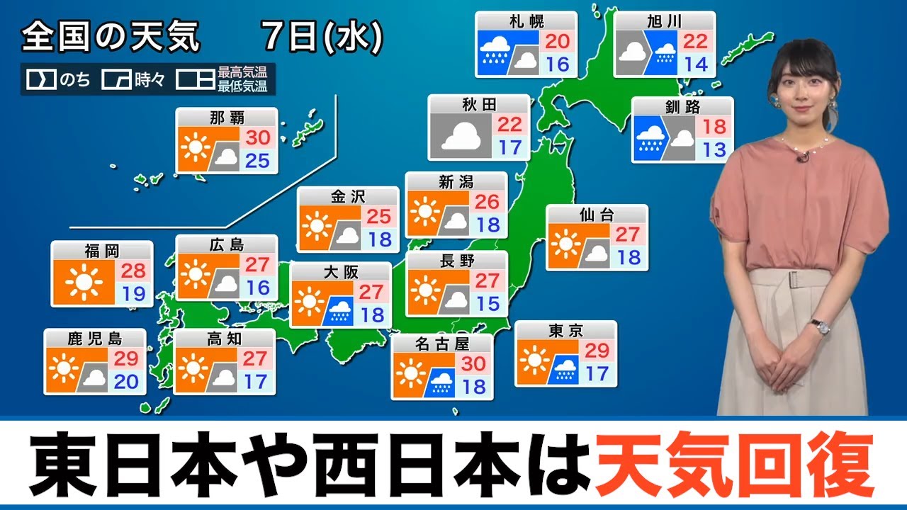 【7日(水)の天気】前線南下で東日本や西日本は天気回復／北日本は雷雨に注意