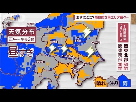 【関東の天気】あす南部も雨雲発達　雷雨の恐れ(2023年7月12日)