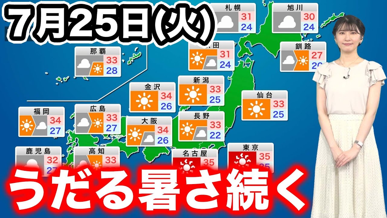 7月25日(火)の天気予報　関東などうだる暑さが続く　西と北は傘を