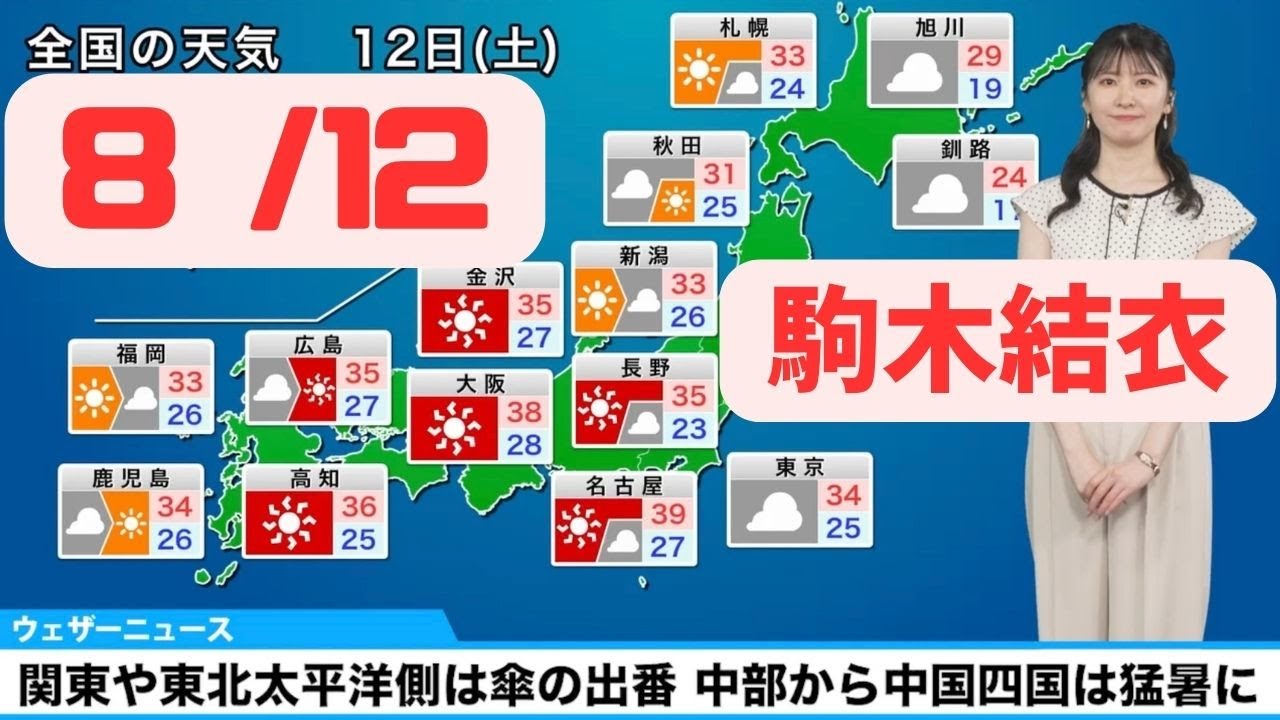 8月12日土曜日の天気予報　関東や東北太平洋側は傘の出番　中部から中国四国は猛暑に#ウェザーニュース #駒木結衣