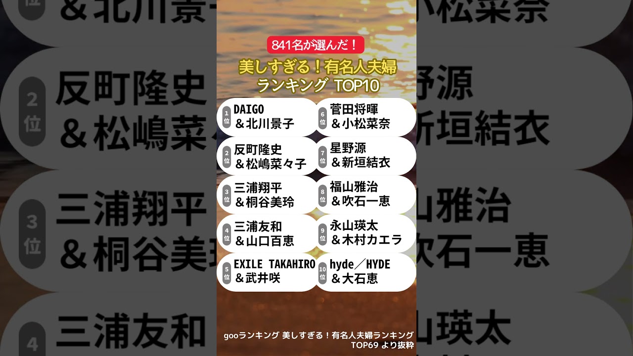 美しすぎる！ #有名人 #夫婦 #ランキング #反町隆史 #松嶋菜々子 #DAIGO #北川景子 #三浦翔平 #桐谷美玲