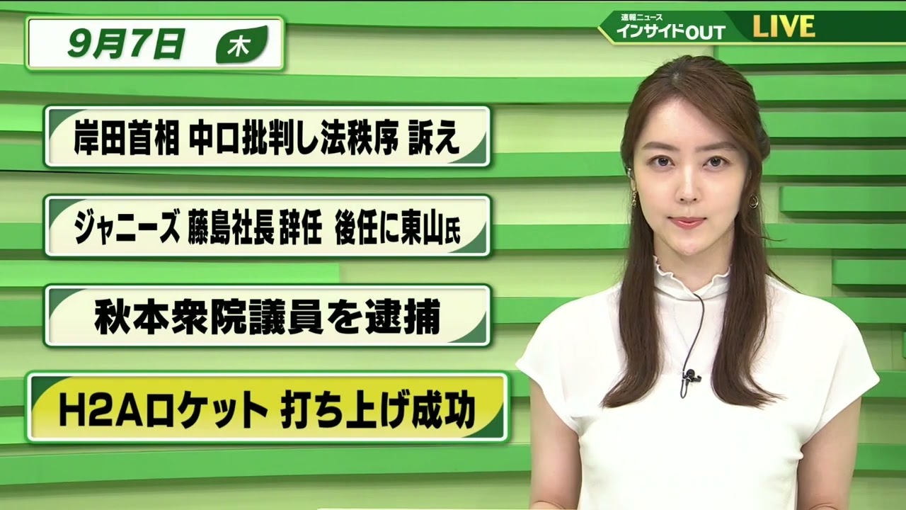 【今日のニュース 9月7日】「岸田首相 中露批判し法秩序 訴え」「ジャニーズ事務所 藤島社長辞任 後任に東山氏」「秋本真利衆議院議員を逮捕」「H2Aロケット 打ち上げ成功 」