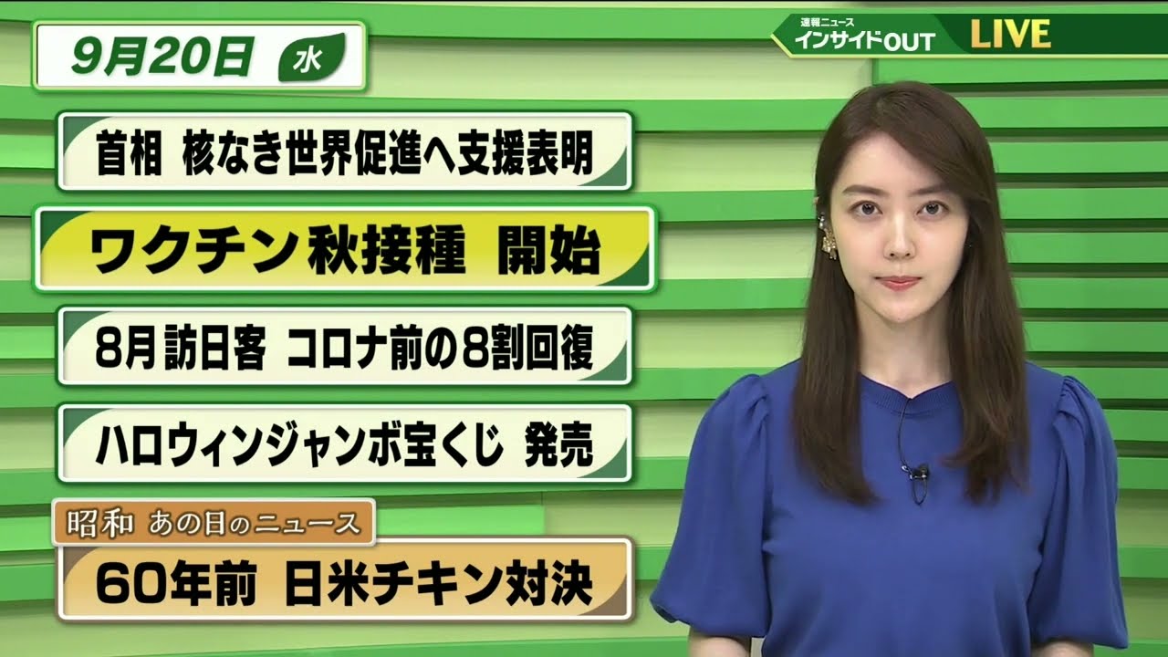 【今日のニュース 9月20日】 「首相 核なき世界促進へ支援表明」「ワクチン秋接種開始」「８月訪日客 コロナ前の８割回復」「ハロウィンジャンボ宝くじ 発売」「昭和あの日のニュース・ 日米チキン対決」