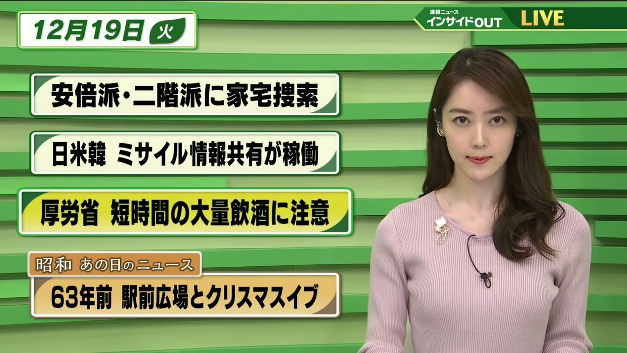 【今日のニュース 12月19日】「安倍派と二階派に家宅捜索」「日米韓ミサイル情報共有が稼働」「厚労省 短時間の大量飲酒に注意」「昭和あの日のニュース・63年前 駅前広場とクリスマスイブ」