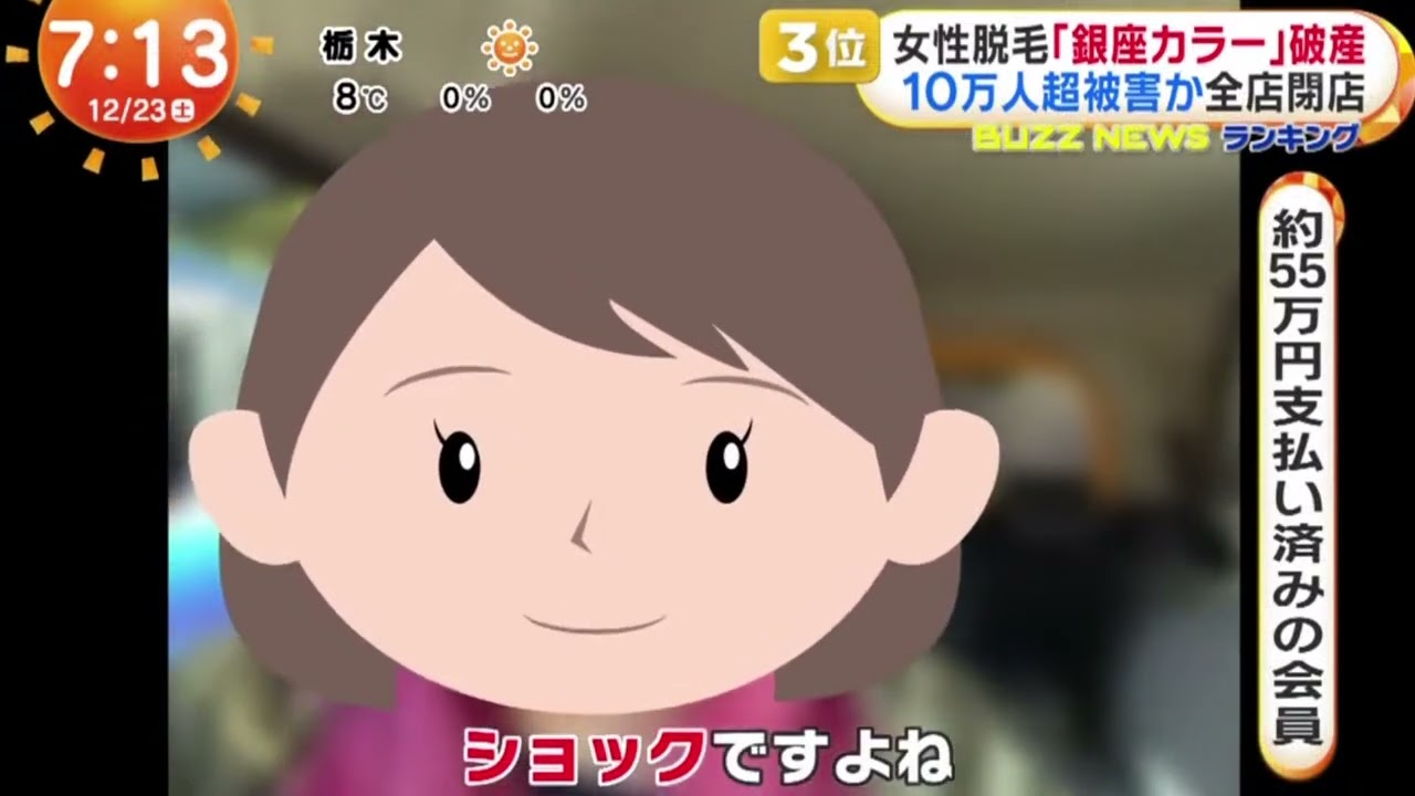 3位 女性脱毛「銀座カラー」破産10万人超被害か全店閉店 『めざましどようび』2023年12月23日