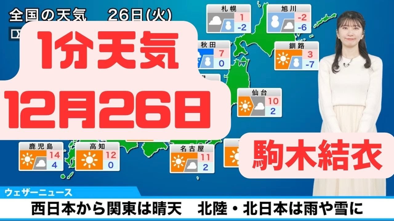 12月26日火曜日の天気予報　西日本から関東は晴天　北陸、北日本は雨や雪に#ウェザーニュース #切り抜き #駒木結衣