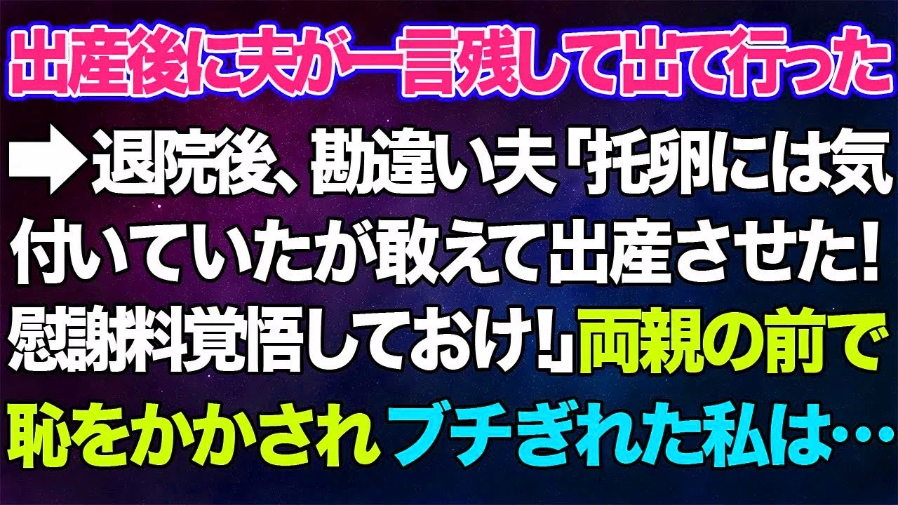 【スカッとする話】出産後に夫が一言残して出て行った→退院後、勘違い夫「托卵には気付いていたが敢えて出産させた！慰謝料覚悟しておけ！」両親の前で恥をかかされブチぎれた私は...