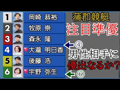 【蒲郡競艇準優】準優で①岡崎恭裕ら男性4選手に挑む④大瀧明日香&⑥宇野弥生、ワンチャンあるか？