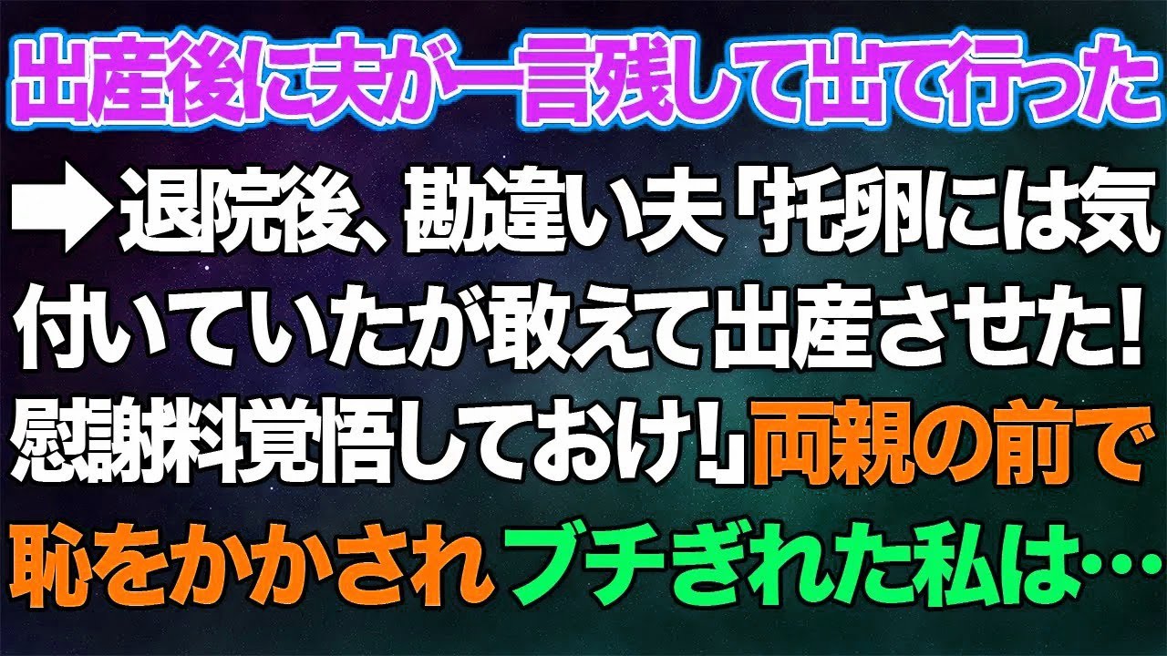 【スカッとする話】出産後に夫が一言残して出て行った→退院後、勘違い夫「托卵には気付いていたが敢えて出産させた！慰謝料覚悟しておけ！」両親の前で恥をかかされブチぎれた私は...【修羅場】