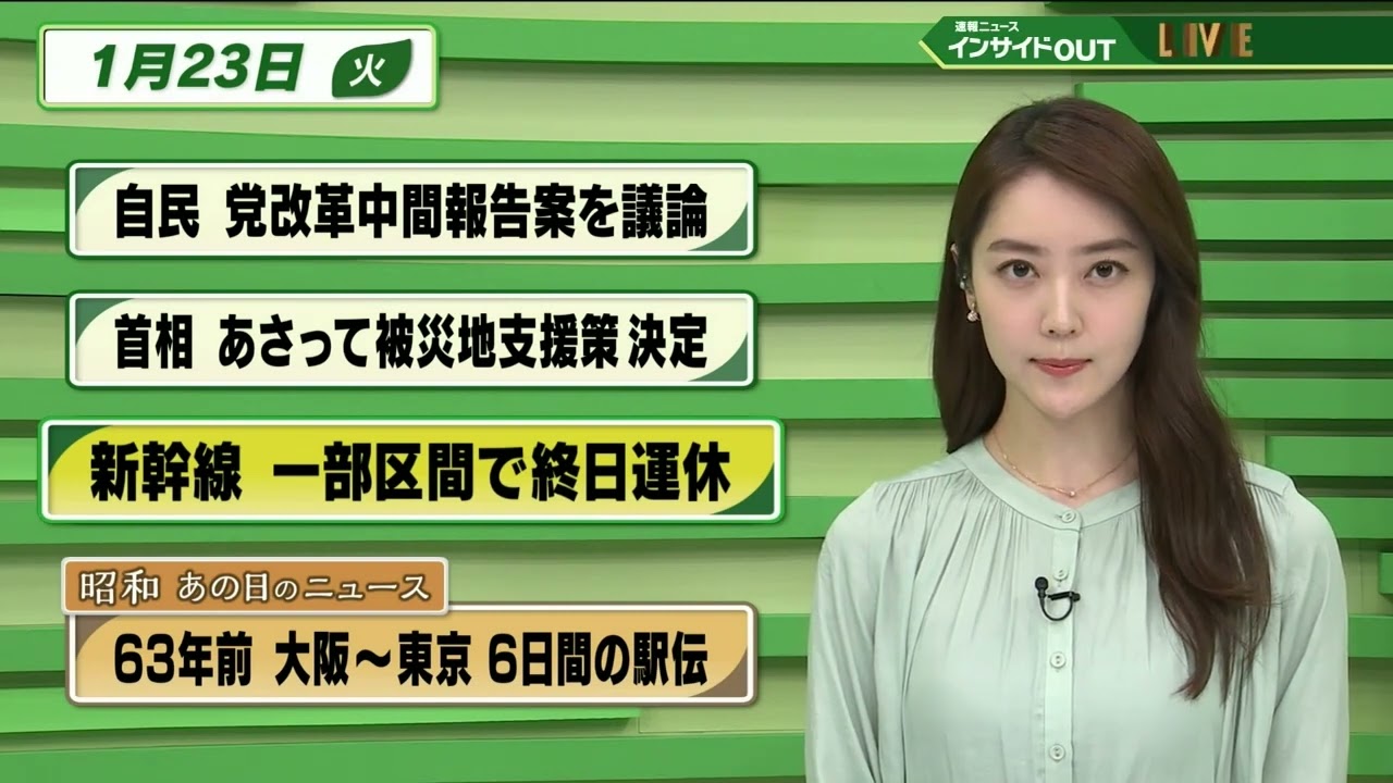 【今日のニュース 1月23日】「自民 党改革の中間報告案を議論」「首相 あさって被災地支援策を決定」「新幹線 一部区間で終日運休」「昭和あの日のニュース・63年前 鉄人レース 大阪－東京駅伝」
