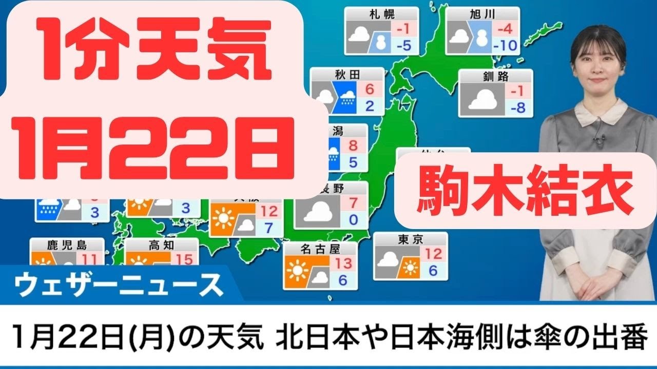 1月22日月の天気　日本海側は傘の出番　関東南部もにわか雨の可能性#ウェザーニュース #切り抜き #駒木結衣