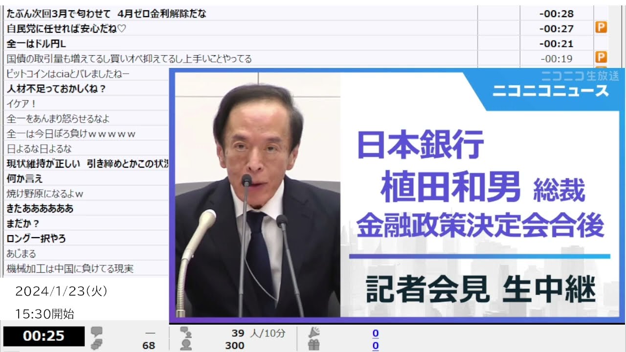 【ニコニコニュース】植田和男 日銀総裁会見 生中継　金融政策決定会合後（2024年1月23日）【2024/1/23】