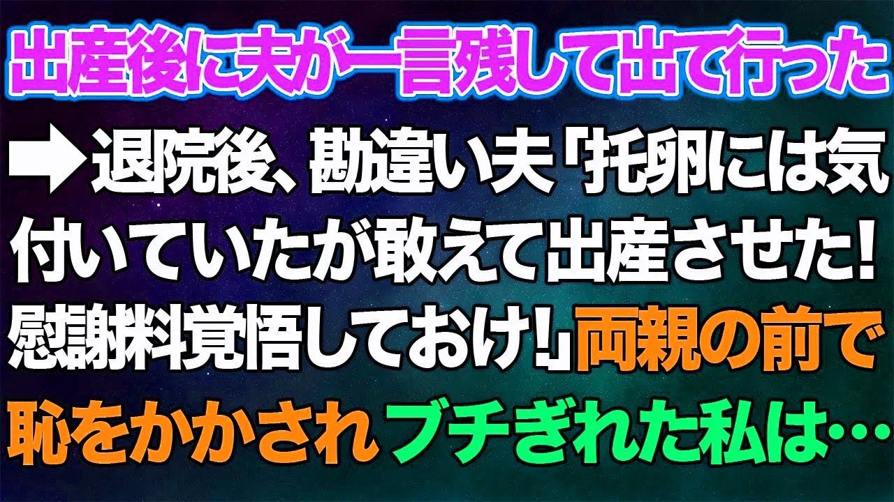 【スカッとする話】出産後に夫が一言残して出て行った→退院後、勘違い夫「托卵には気付いていたが敢えて出産させた！慰謝料覚悟しておけ！」両親の前で恥をかかされブチぎれた私は...