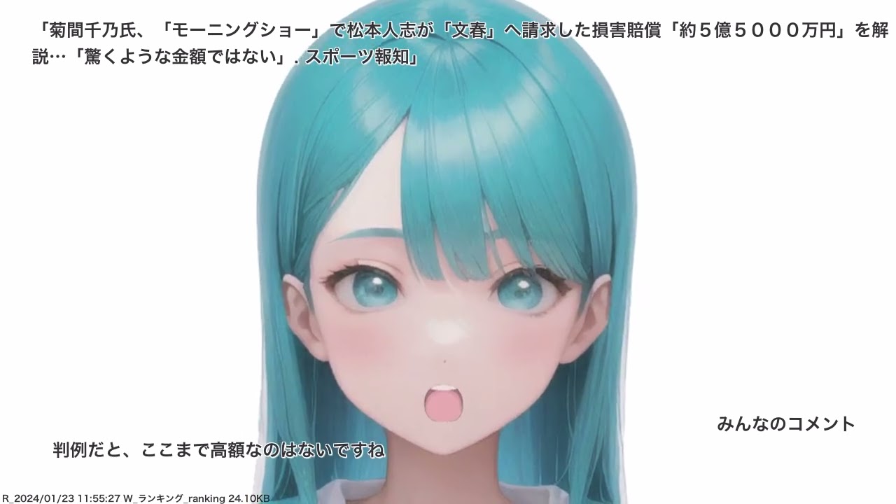 菊間千乃氏、「モーニングショー」で松本人志が「文春」へ請求した損害賠償「約５億５０００万円」を解説…「驚くような金額ではない」. スポーツ報知、その他