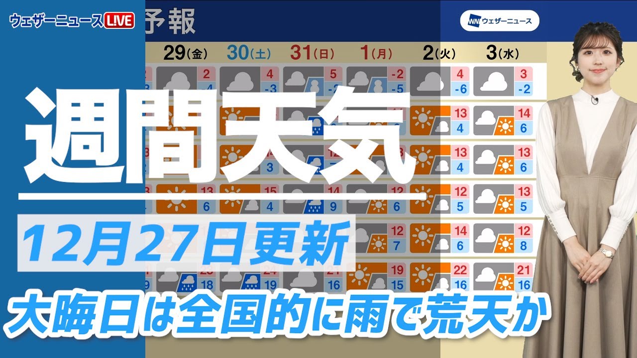 【週間天気】大晦日は全国的に雨で荒天か（27日14時更新）