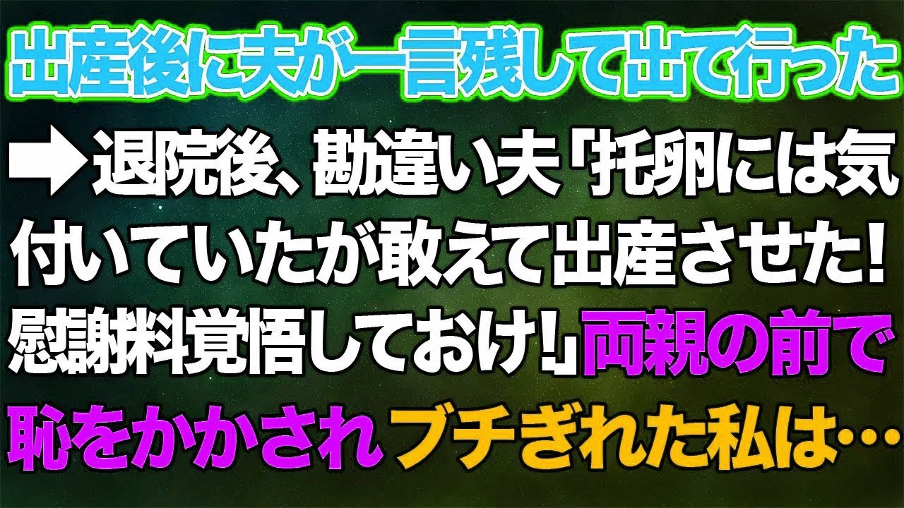 【スカッとする話】出産後に夫が一言残して出て行った→退院後、勘違い夫「托卵には気付いていたが敢えて出産させた！慰謝料覚悟しておけ！」両親の前で恥をかかされブチぎれた私は