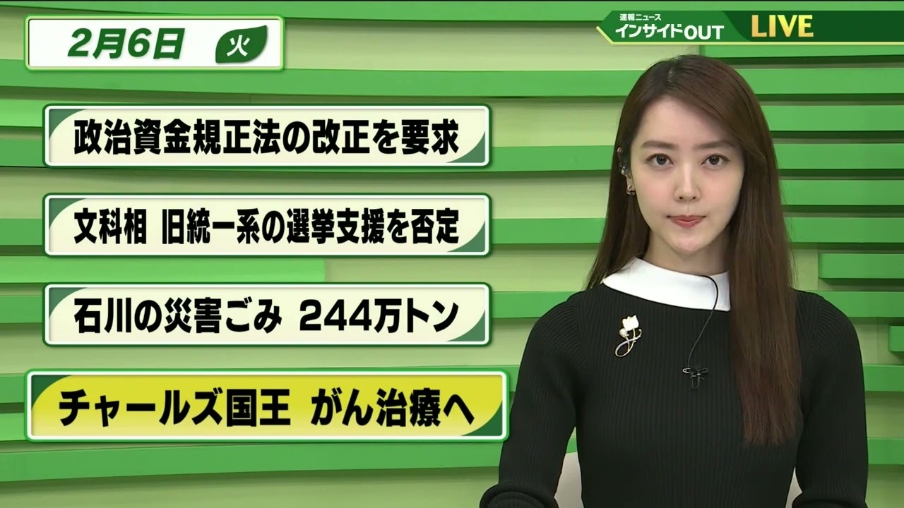 【今日のニュース 2月6日】「政治資金規正法の改正を要求」「文科相 旧統一教会系の選挙支援を否定」「石川の災害廃棄物 244万トン」「英チャールズ国王 がん治療へ」