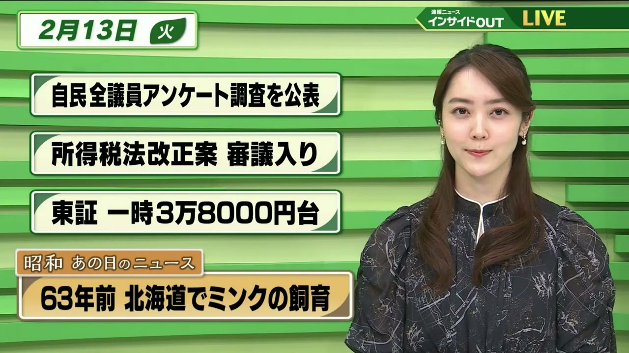 【今日のニュース 2月13日】「自民 全議員アンケート調査を公表」「所得税法改正案審議入り」「東証 一時3万8000円台」「昭和あの日のニュース・ 63年前 北海道でミンクの飼育」
