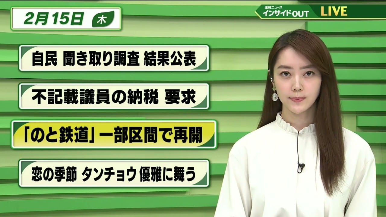 【今日のニュース 2月15日】「自民 聞き取り調査 結果公表」「不記載議員の納税 要求」「のと鉄道 一部区間で再開」「恋の季節 タンチョウ優雅に舞う」