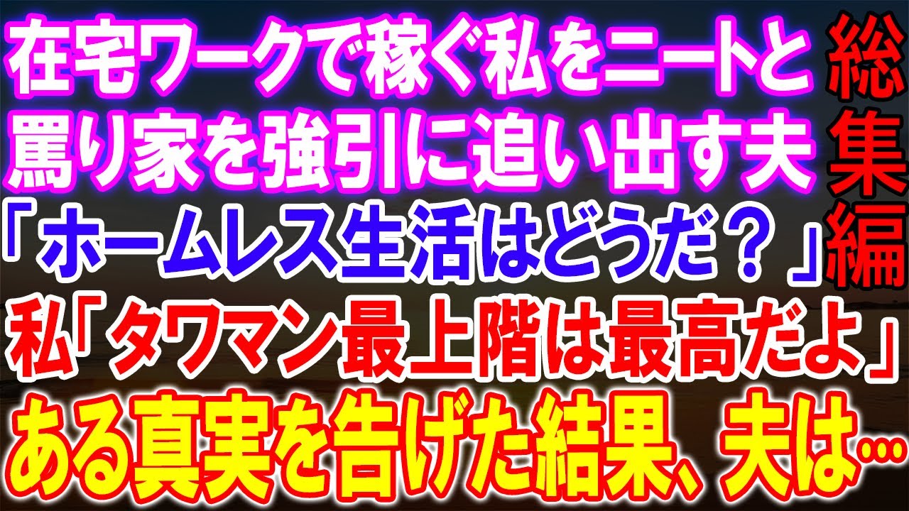 【スカッと総集編】在宅ワークで5億円稼ぐ私をニートと罵り家を追い出す夫「ホームレス生活はどうだ？」私「タワマン最上階は最高だよ！」→直後、慌てた夫から···【2ch】【朗読】【修羅場】