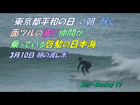 「東京都平和の日」の朝 既に面ツルの波に仲間が乗っている啓蟄の日本海 240310 ~サーフモンキーTV
