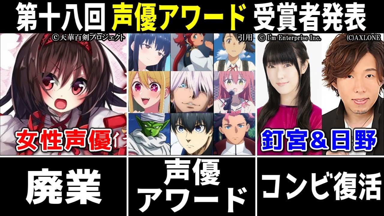 第18回 声優アワード受賞者を解説!!/女性声優さん 廃業…/釘宮理恵 日野聡 コンビが復活!!【声優ニュース 2024.3 #4】