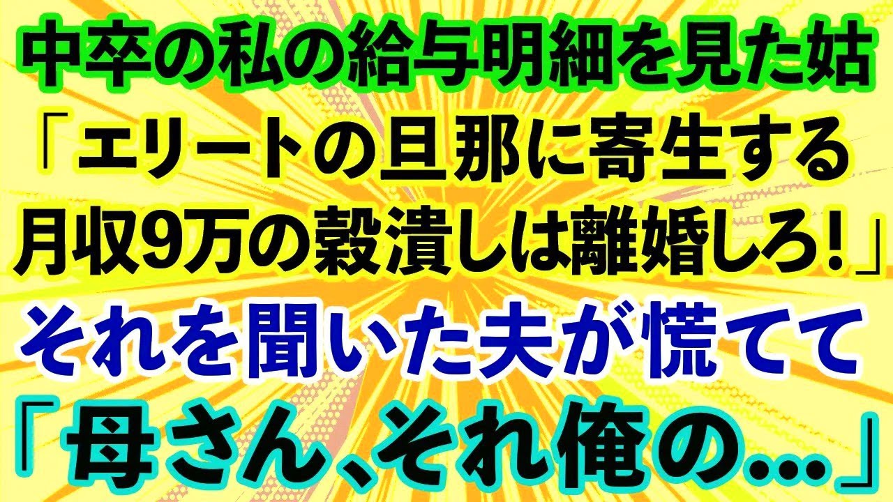 中卒の私の給与明細を見た義母「エリートの旦那に寄生する月収9万の穀潰しは離婚しろ！」それを聞いた夫が慌てて「母さん、それ俺の…」結果www【修羅場】