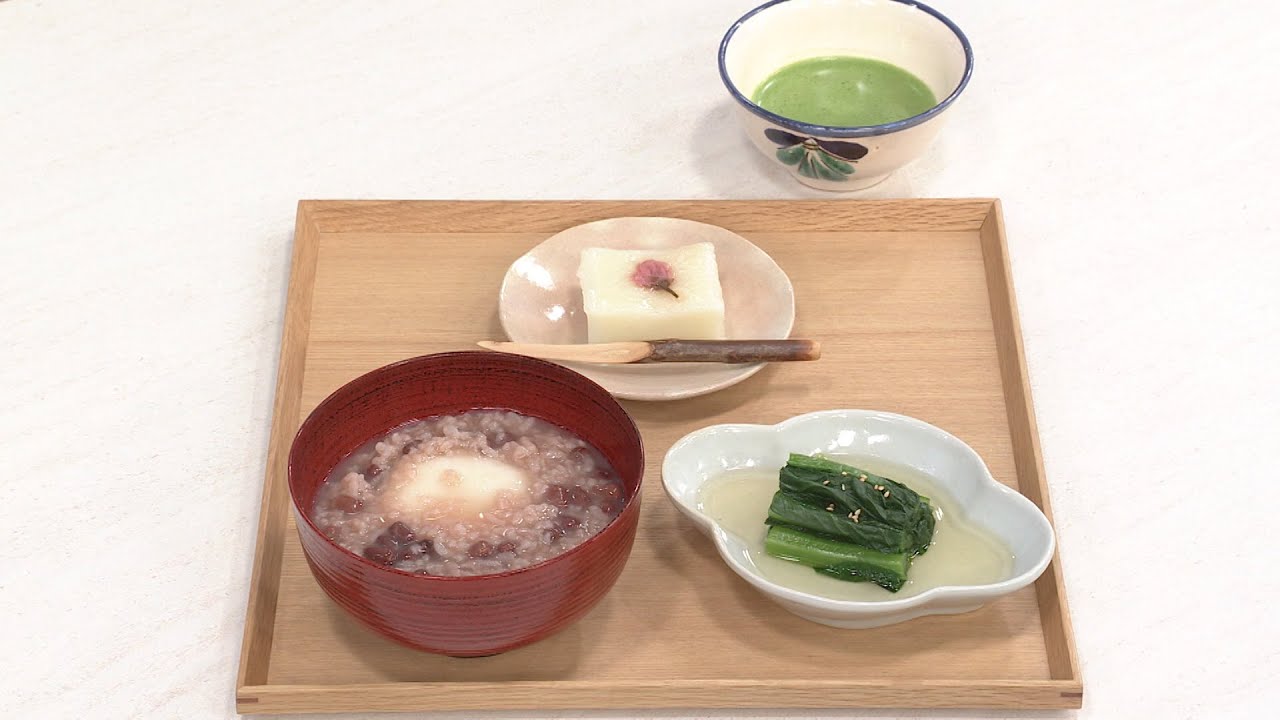 【3分クッキング公式】桜色セット（あずき粥／桜ういろう／小松菜のおひたし）