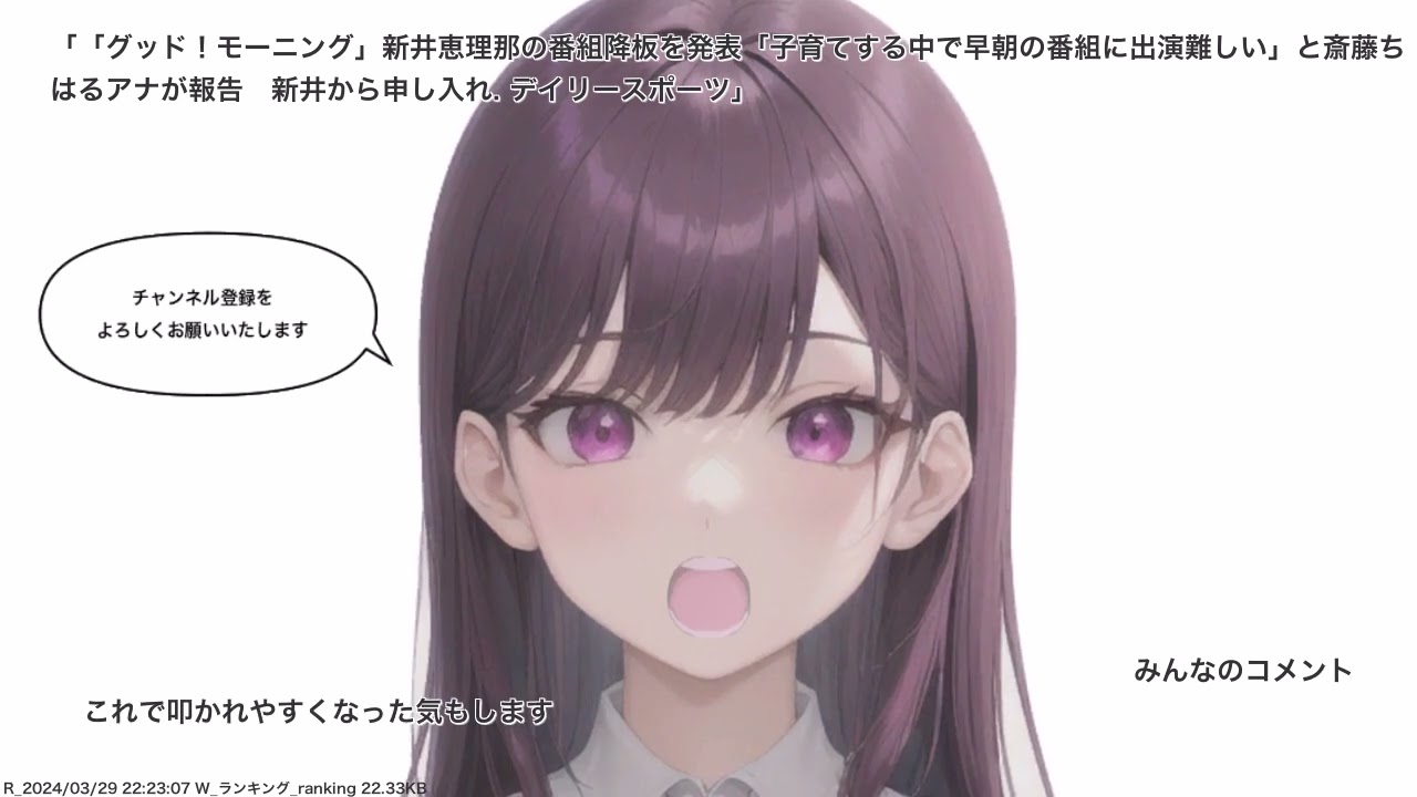 「グッド！モーニング」新井恵理那の番組降板を発表「子育てする中で早朝の番組に出演難しい」と斎藤ちはるアナが報告　新井から申し入れ. デイリースポーツ、その他