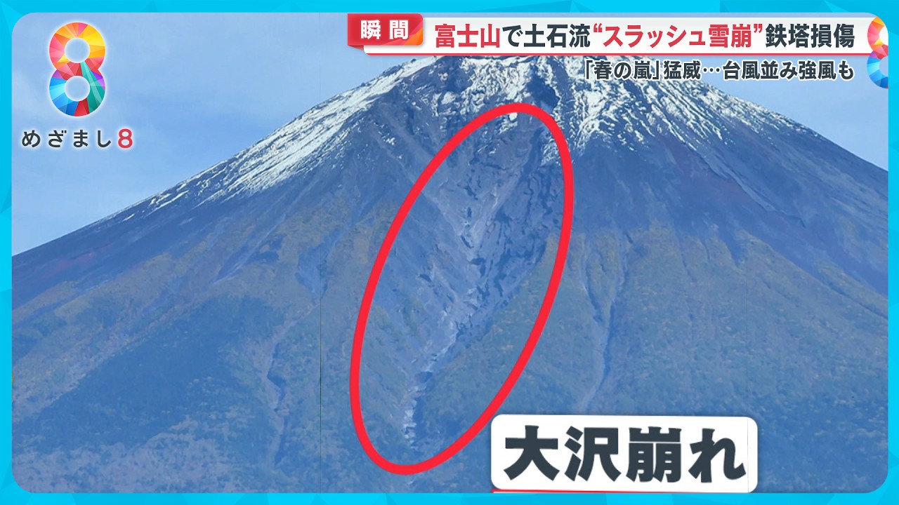 【瞬間】富士山で土石流“スラッシュ雪崩”とは？春の嵐の猛威 満開の桜も…【めざまし８ニュース】