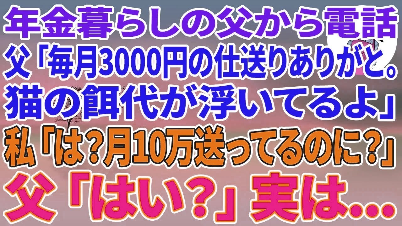 【スカッとする話】年金暮らしの父から電話「毎月3000円仕送りありがと。猫の餌代が浮いてるよ」私「は？月10万送ってるのに？」父「はい？」実は
