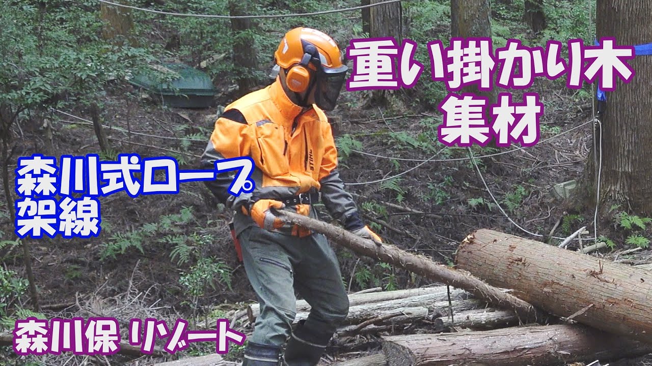 大成功「重い掛かり木集材」滑車４個　製材所到着　危険で楽しい山遊び　森川式ロープ架線　森川保リゾート　定年後TV