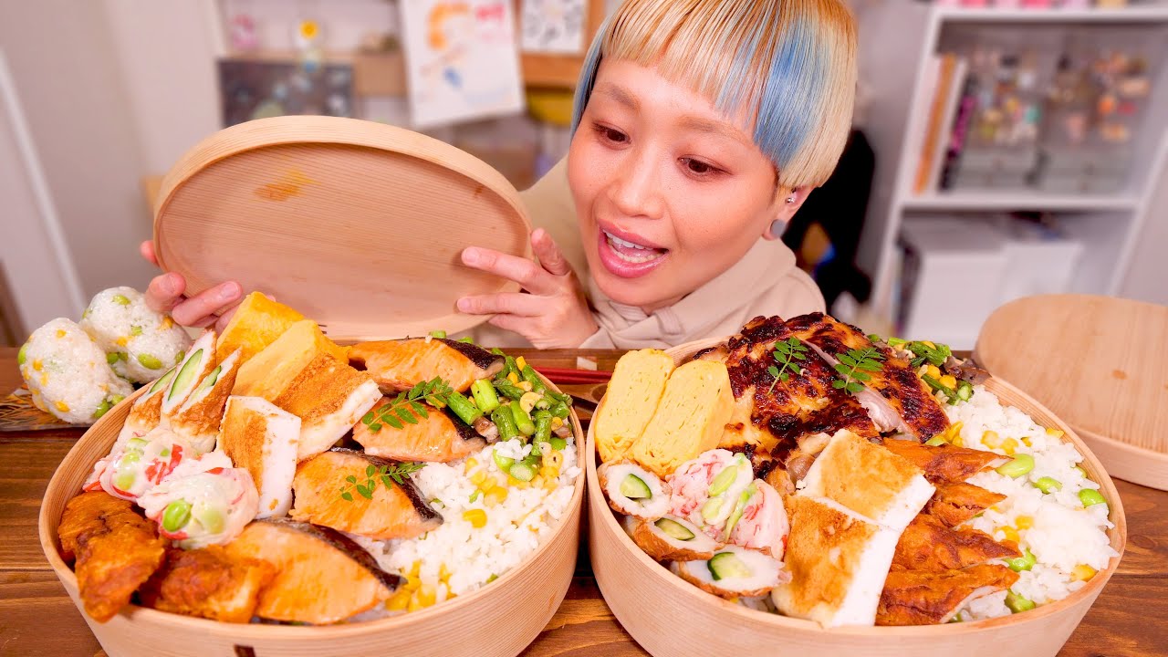 【大食い】春なので巨大のっけ弁当でピクニックしたいです。わっぱ弁当っておいしいよね！【モッパン】【MUKBANG】