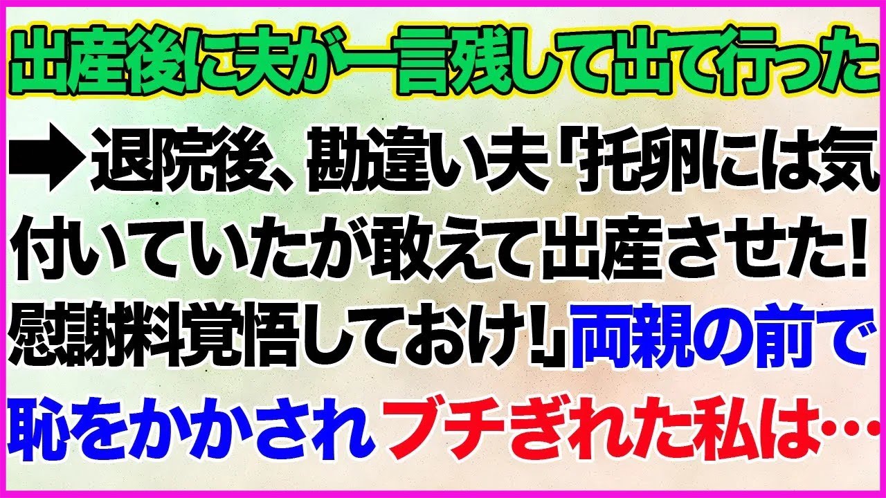 【スカッとする話】出産後に夫が一言残して出て行った→退院後、勘違い夫「托卵には気付いていたが敢えて出産させた！慰謝料覚悟しておけ！」両親の前で恥をかかされブチぎれた私は