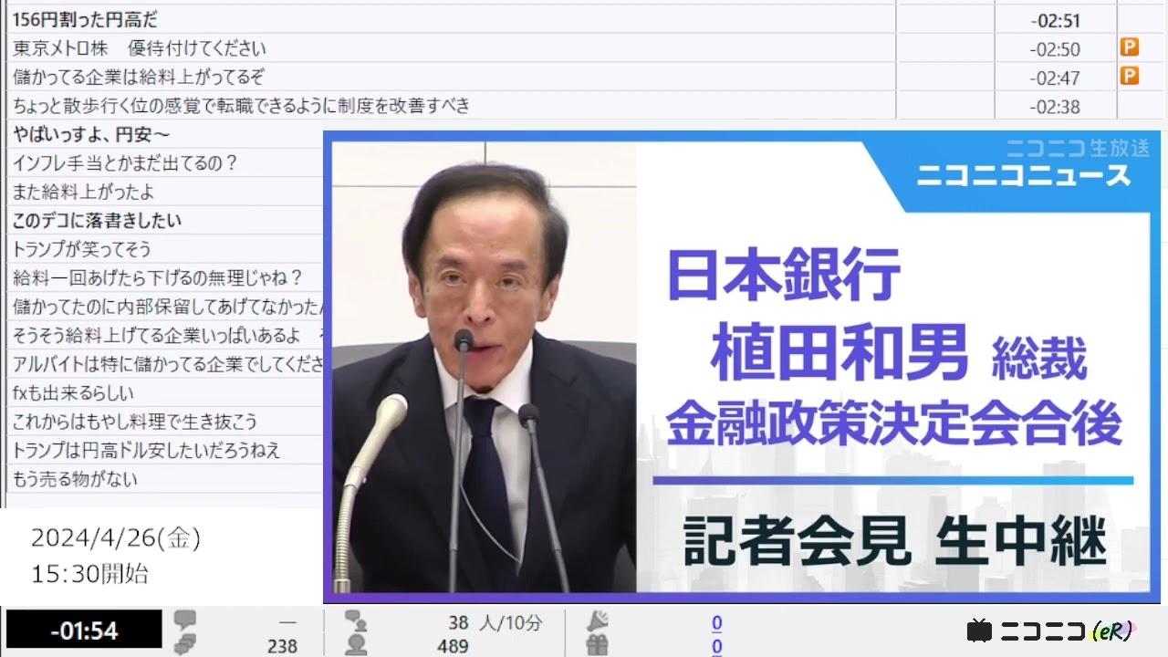 【ニコニコニュース】植田和男 日銀総裁会見 生中継　金融政策決定会合後（2024年4月26日）【2024/4/26】