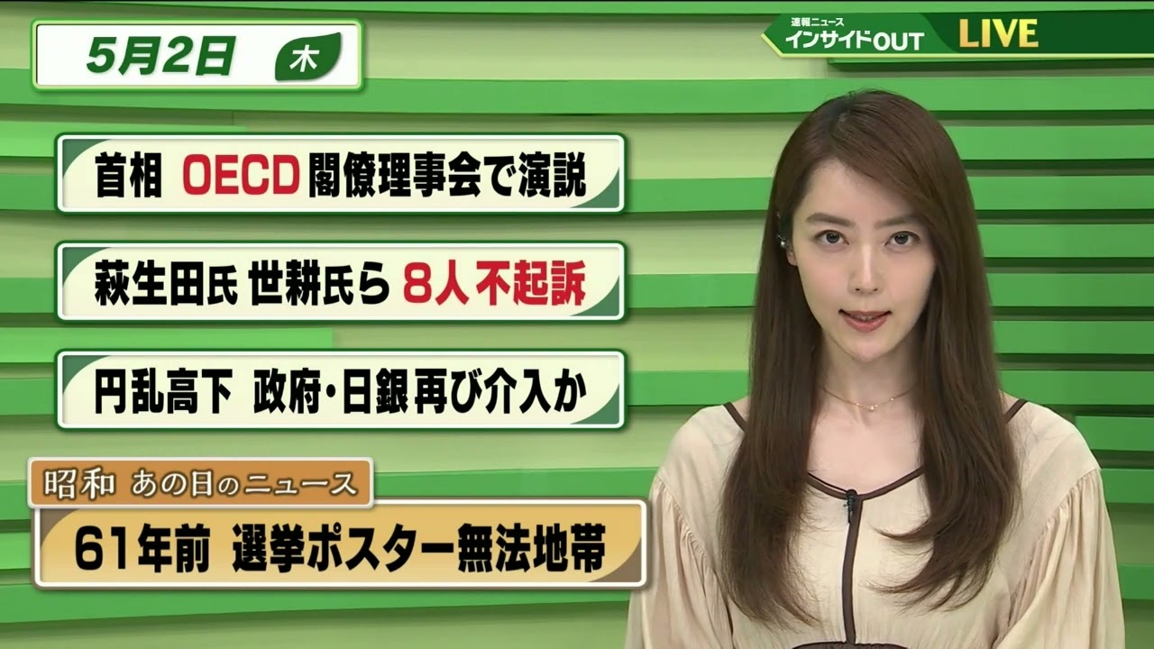 【今日のニュース 5月2日】「首相OECD閣僚理事会で演説」「萩生田氏 世耕氏ら8人不起訴」「円乱高下 政府・日銀再び介入か」「昭和あの日のニュース：61年前 選挙ポスター無法地帯」
