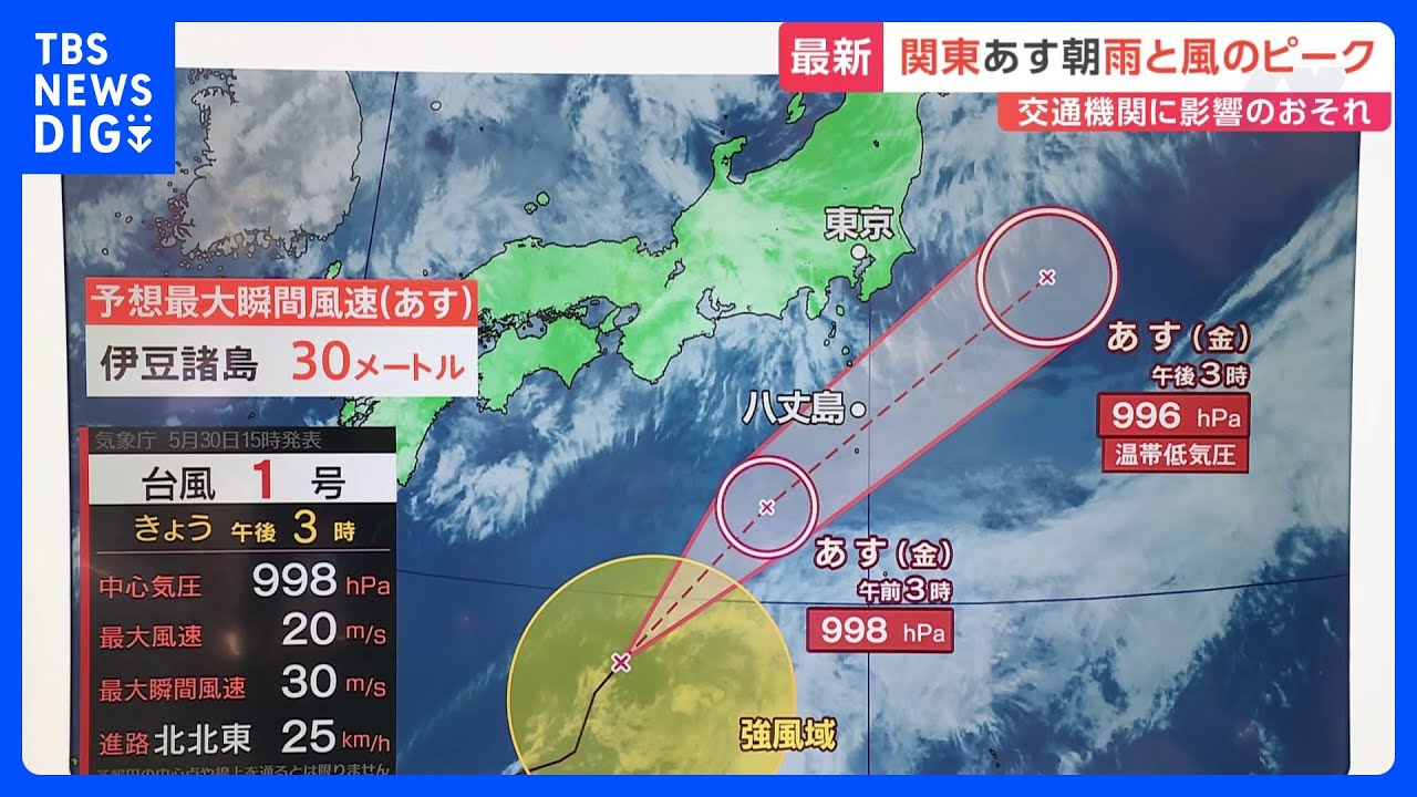 台風1号 あす（31日）午前中に八丈島に最接近の見込み　特に静岡～関東南部は雨風の強まりに注意｜TBS NEWS DIG
