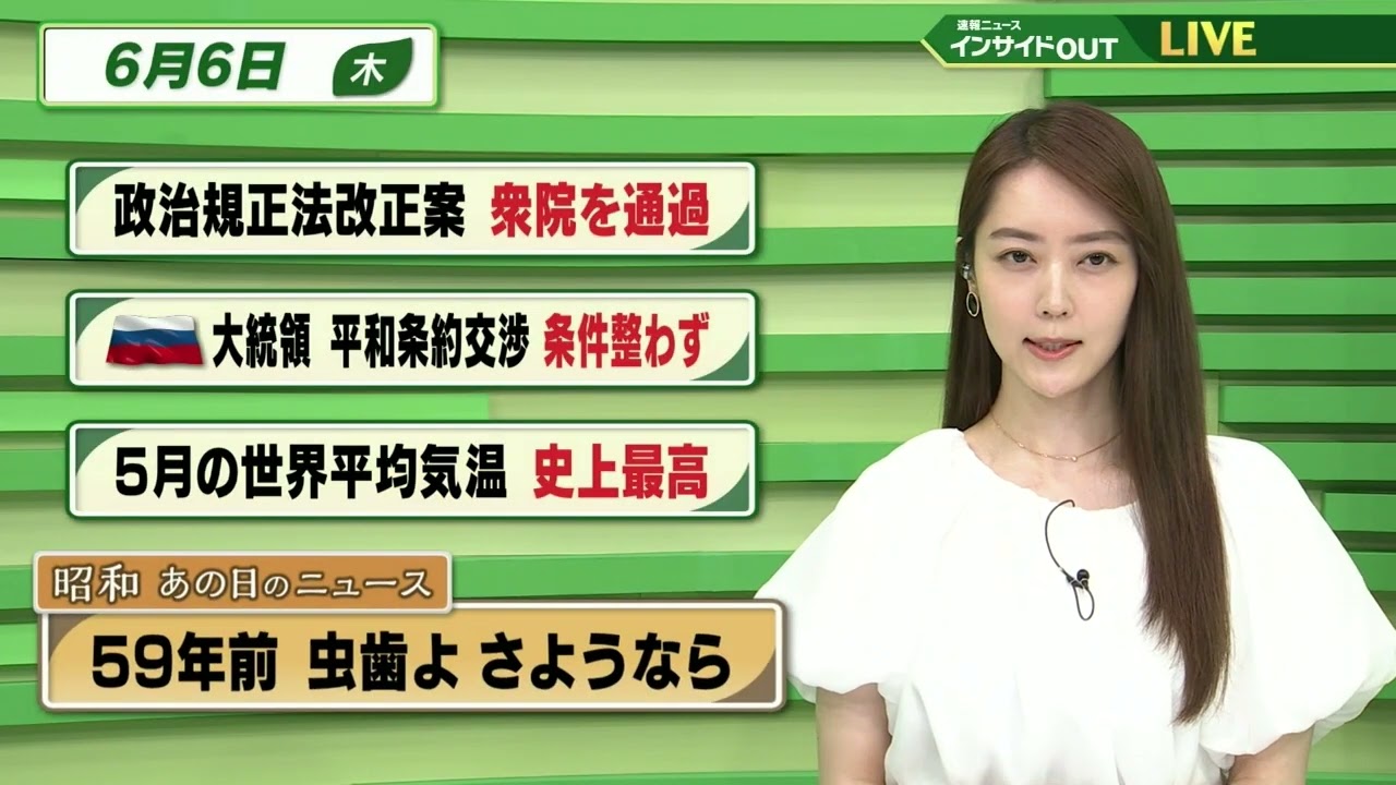 【今日のニュース 6月6日】 「政治資金規正法改正案 衆院を通過」  「ロシア大統領 平和条約交渉 条件整わず」「5月の世界平均気温 史上最高」「昭和あの日のニュース　59年前・虫歯よ さようなら」