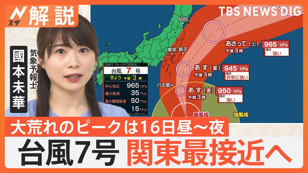 台風7号、動き遅いまま非常に強い勢力で関東に接近のおそれ　予報士「昼ごろには各地で冠水」「都内でも車のハンドル取られるような強風」【Nスタ解説】｜TBS NEWS DIG