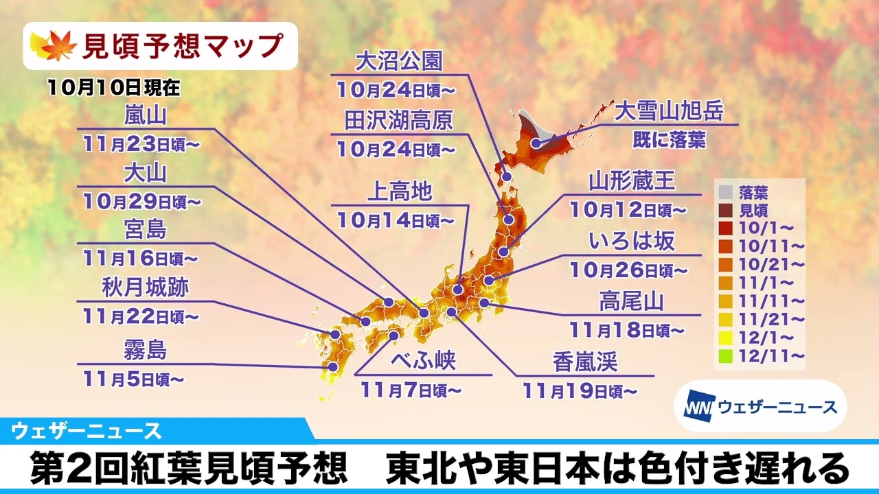 第2回紅葉見頃予想　東北や東日本は色付き遅れる